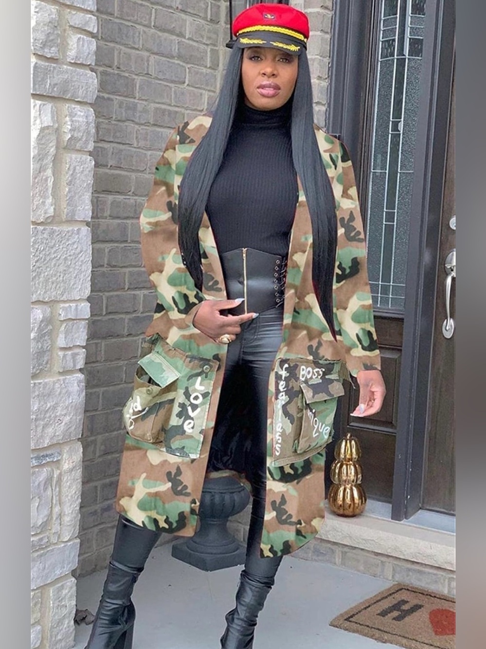Source Unknown Camouflage Utility Trench Coat with White Slogan